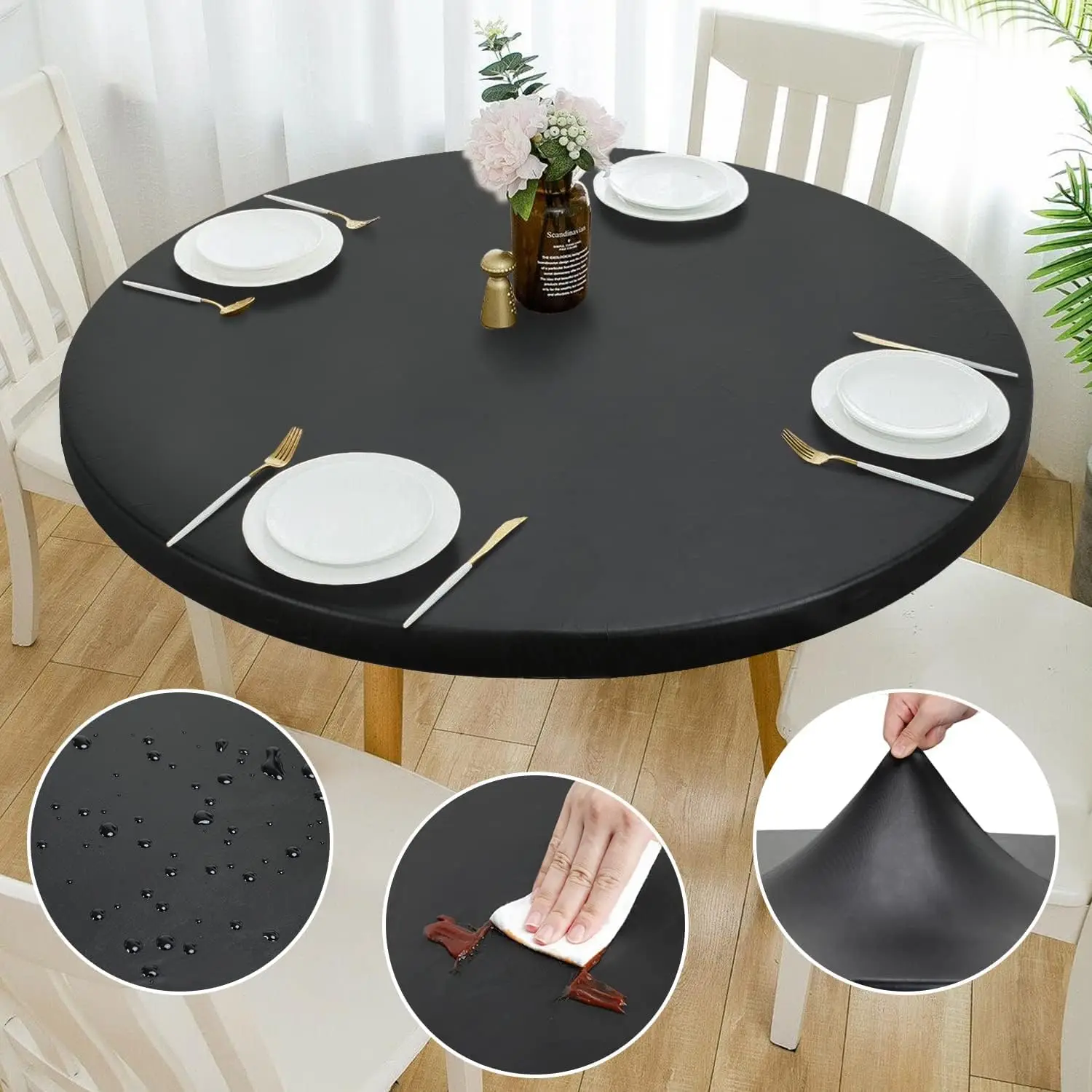 

Double Design PU Round Tablecloth, Anti-Tear Wipeable Elastic Round Tablecloth, Soft-Touch Fitted Table Cloth, Waterproo