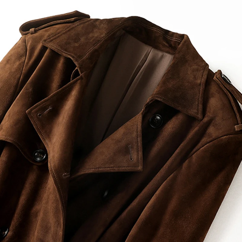 Damska kurtka z prawdziwego zamszu w kolorze mokka, jesienno-zimowa, skóra jagnięca, europejski styl, dwurzędowa, z paskiem, bardzo długi płaszcz typu trencz.