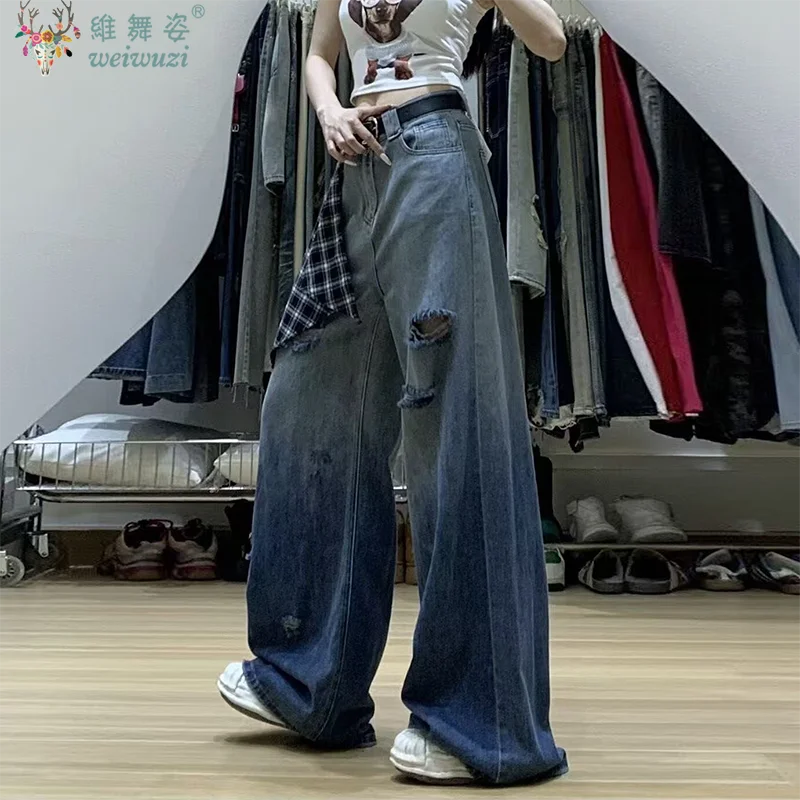 Dżinsy damskie z gradientem kolorów, szerokie nogawki, luźne spodnie z wysokim stanem, podarte spodnie z kieszeniami, jesienne spodnie codzienne, streetwear Y2K