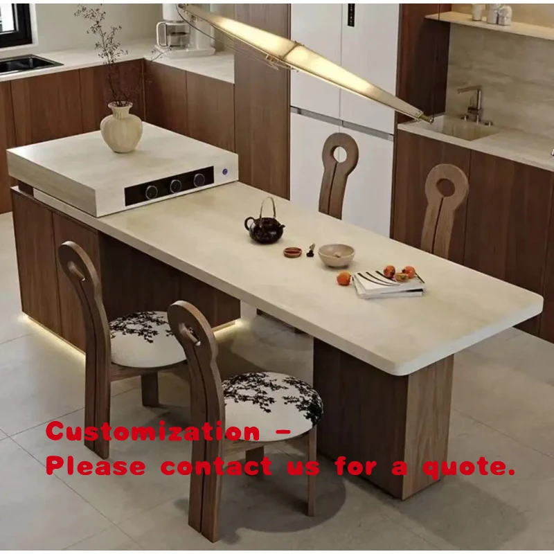 custom.French Modern Wind Cave Rock Plate Multifunctional Induction Cooker Foldable Solid Wood Telescopic Island Table Customize
