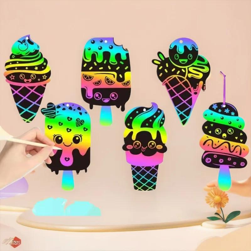 Bview Art 6pcs Shaped Ice Cream Scratch Paper Kit - Colorful DIY Drawing Art Craft for Kids Creativity Development