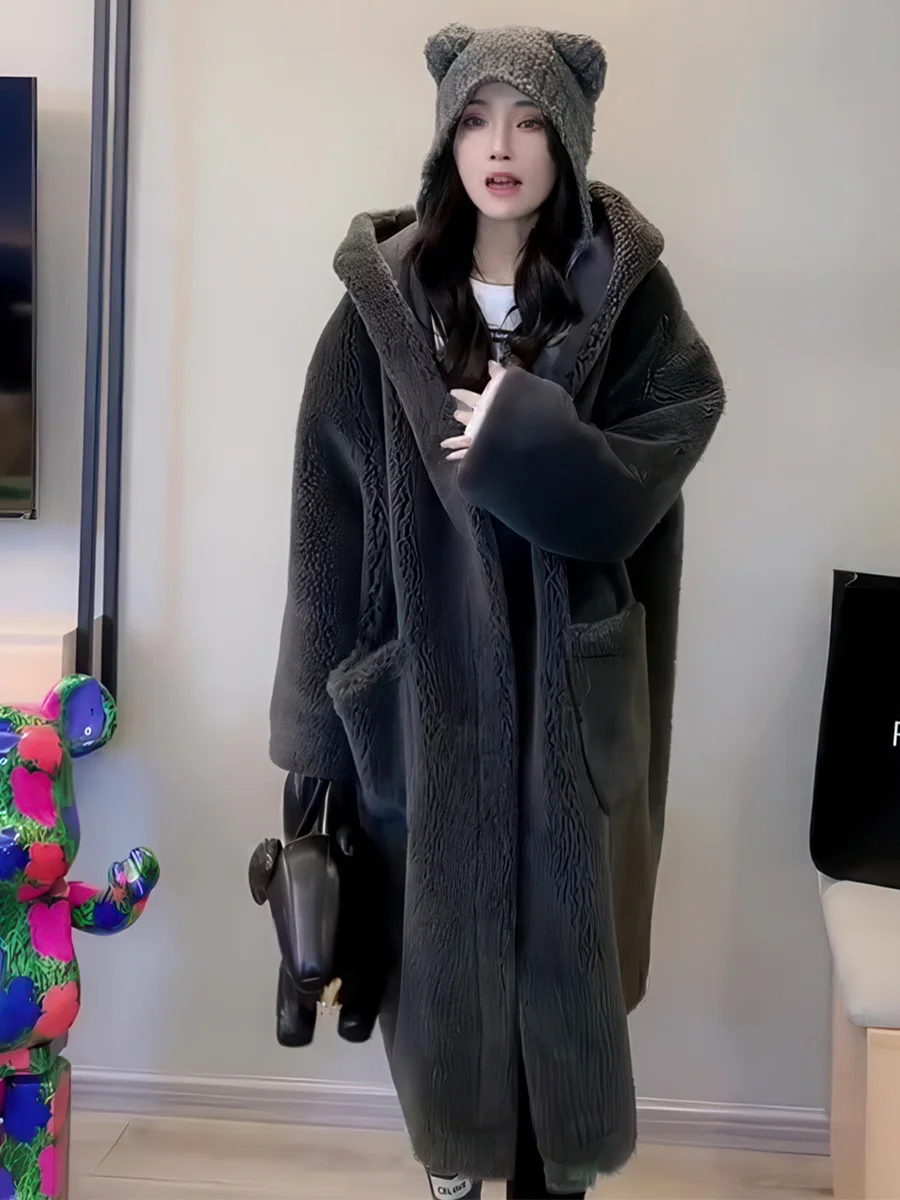 

Утепленное длинное пальто из овечьего бархата Bla Thiened для женщин, зимнее, с капюшоном, свободного кроя, шерстяное, для досуга, верхняя одежда премиум-качества