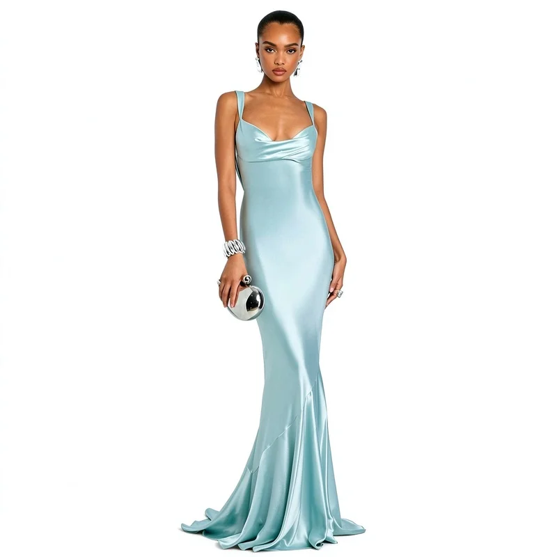 Women Satin Bodycon Dress Backless Spaghetti Strap Sexy Elegant Evening Party Maxi Dress