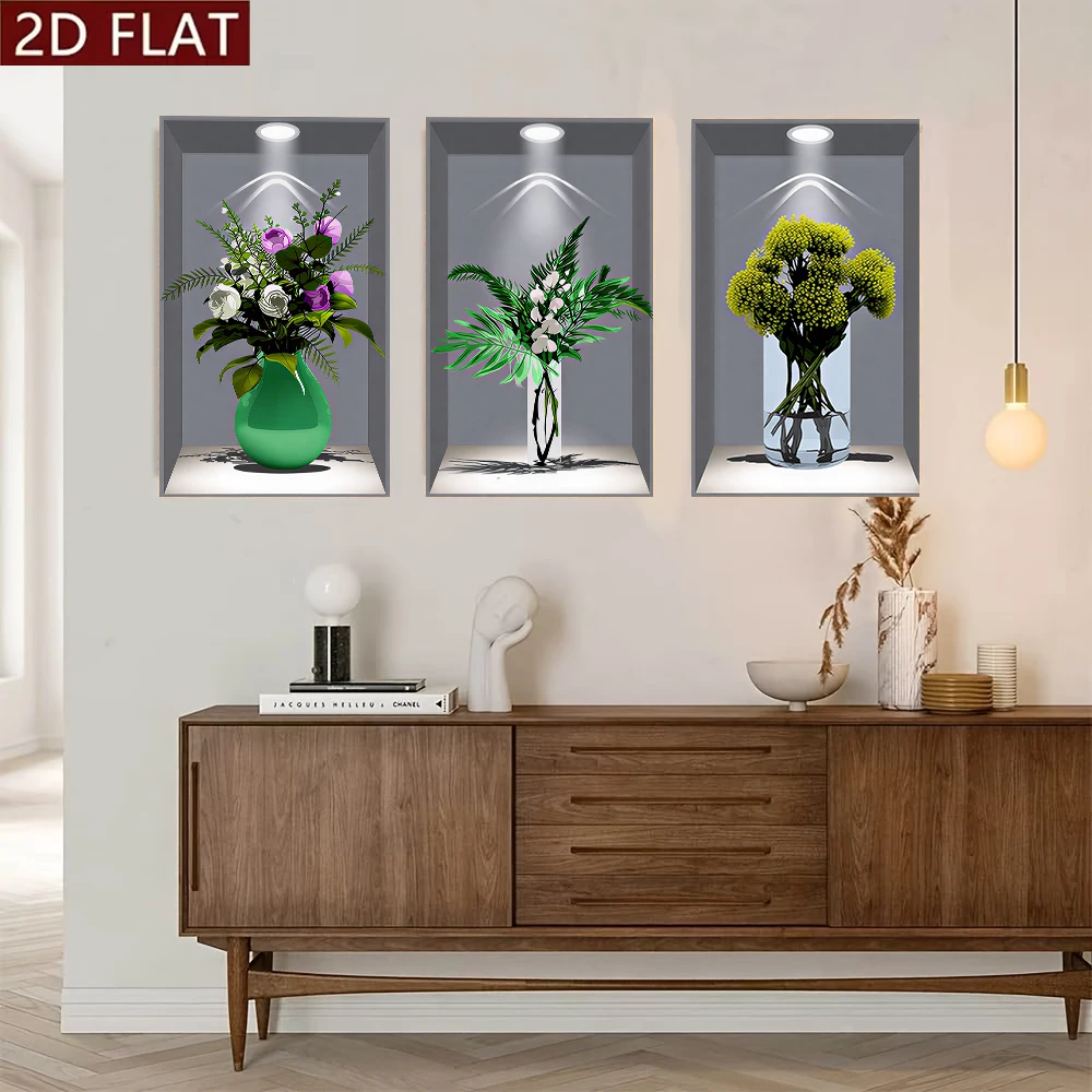 1 set of modern minimalist triple wall stickers, simulated vases, green plants, living room entrance decoration, 2D plan
