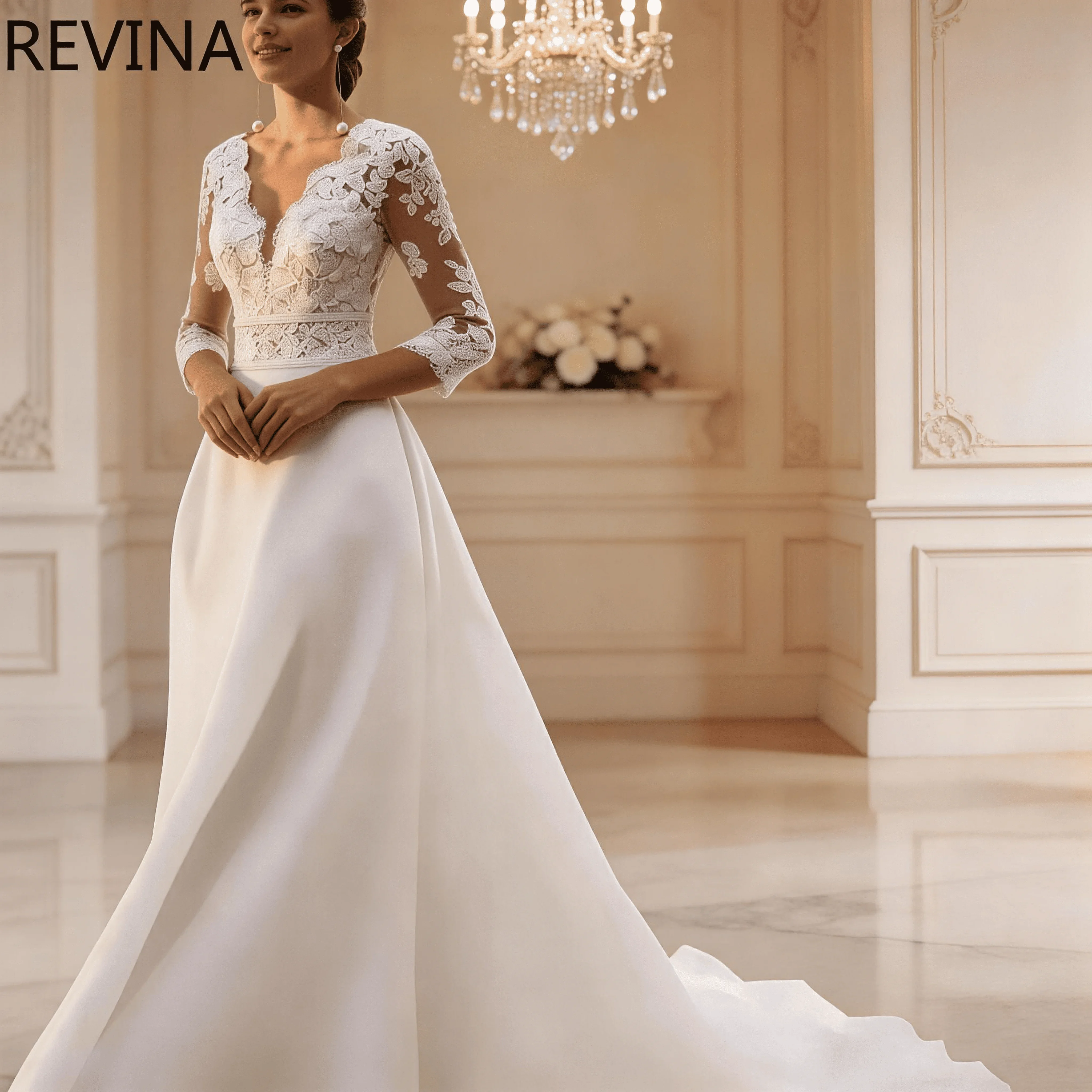

Elegant A-line Wedding Dress V-neck Lace Applique Sleeveless Long Sleeved Bridal Gown for Women Customized Vestidos De Novia