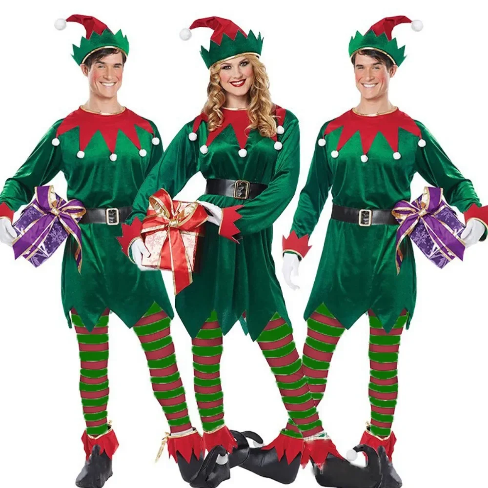 

2024 New Christmas Elf Deluxe Santa Claus Christmas Elf Costume Xmas Carnival Fancy Performance Dress Green Couple Party Clothes