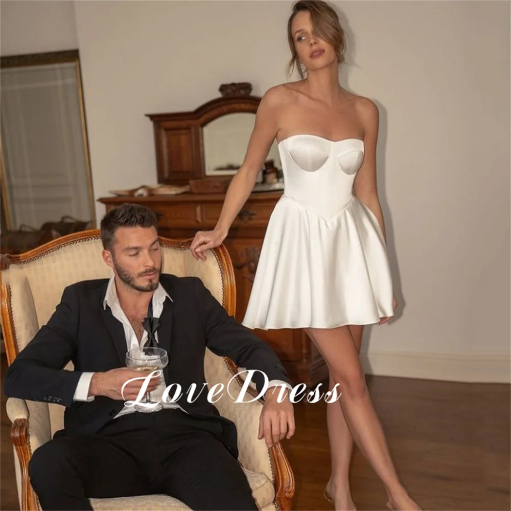 

Love Sweetheart Simple Strapless A-Line Mini Stain Bridal Gowns Spaghetti Straps Above Knee Sleeveless Lace Up Vestido de novia