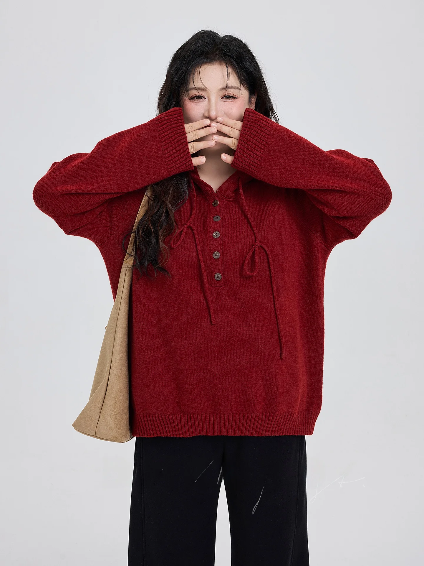 

Lu Miss Large Size Women's Winter New Dstring Hooded Red Sweater Lazy Thiened Loose Knitted irt Casual Sle Knitwear