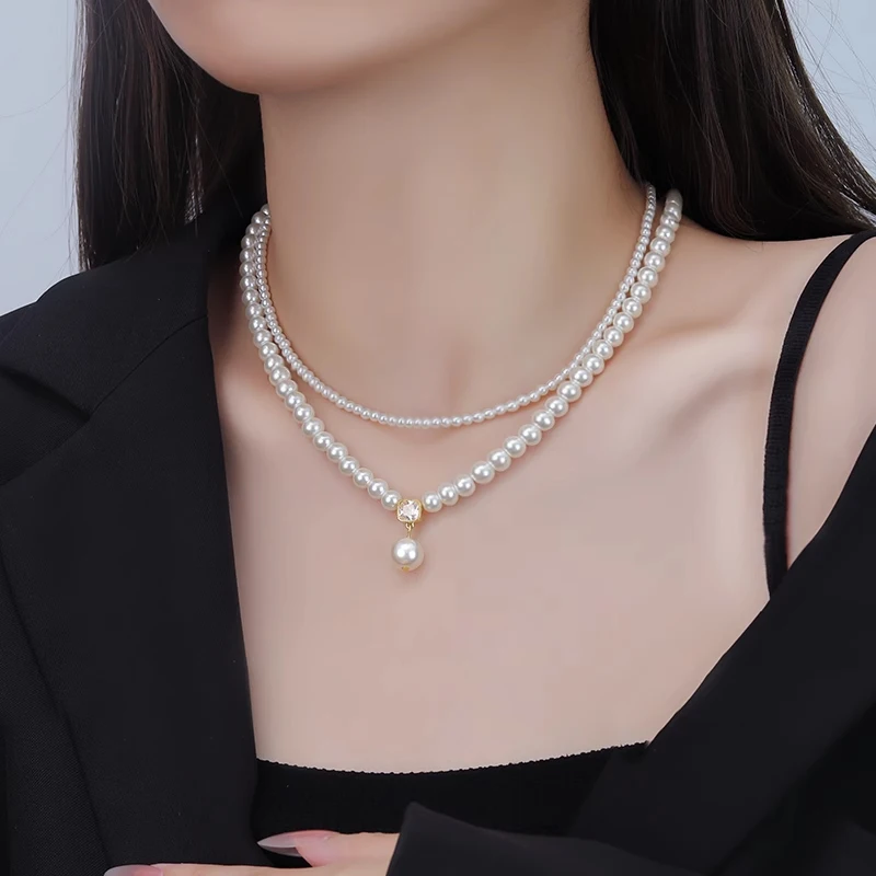 2025 Trendige doppelschichtige Imitationsperlen-Perlen-Halskette, elegante Accessoires für Damen, sexy Schlüsselbeinkette, leichter Luxus-Schmuck – Detail 9