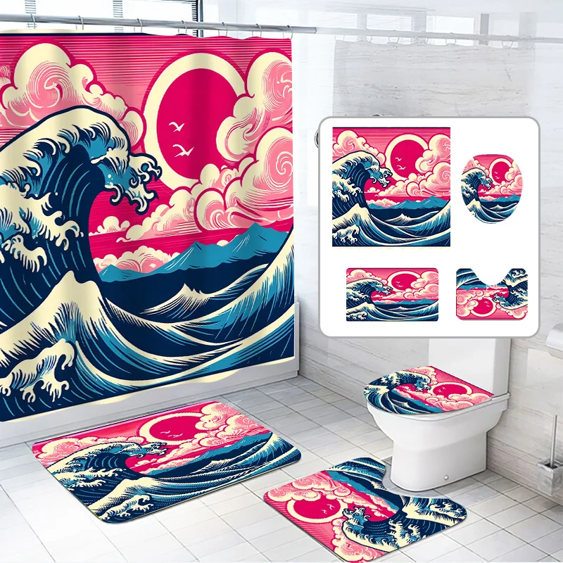 

4 шт. набор для ванной комнаты с рисунком океанского восхода солнца, художественные волнистые полосы, красная сцена восхода солнца, в комплект входят 12 крючков, водонепроницаемый полиэстер