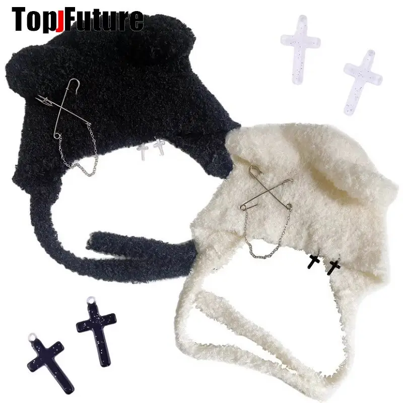 Women Harajuku Gothic Lolita Knitted Cat Ear Hat Chain Cross Designer furry Winter Beanie Hat Female Y2K Girls Accessories Cap