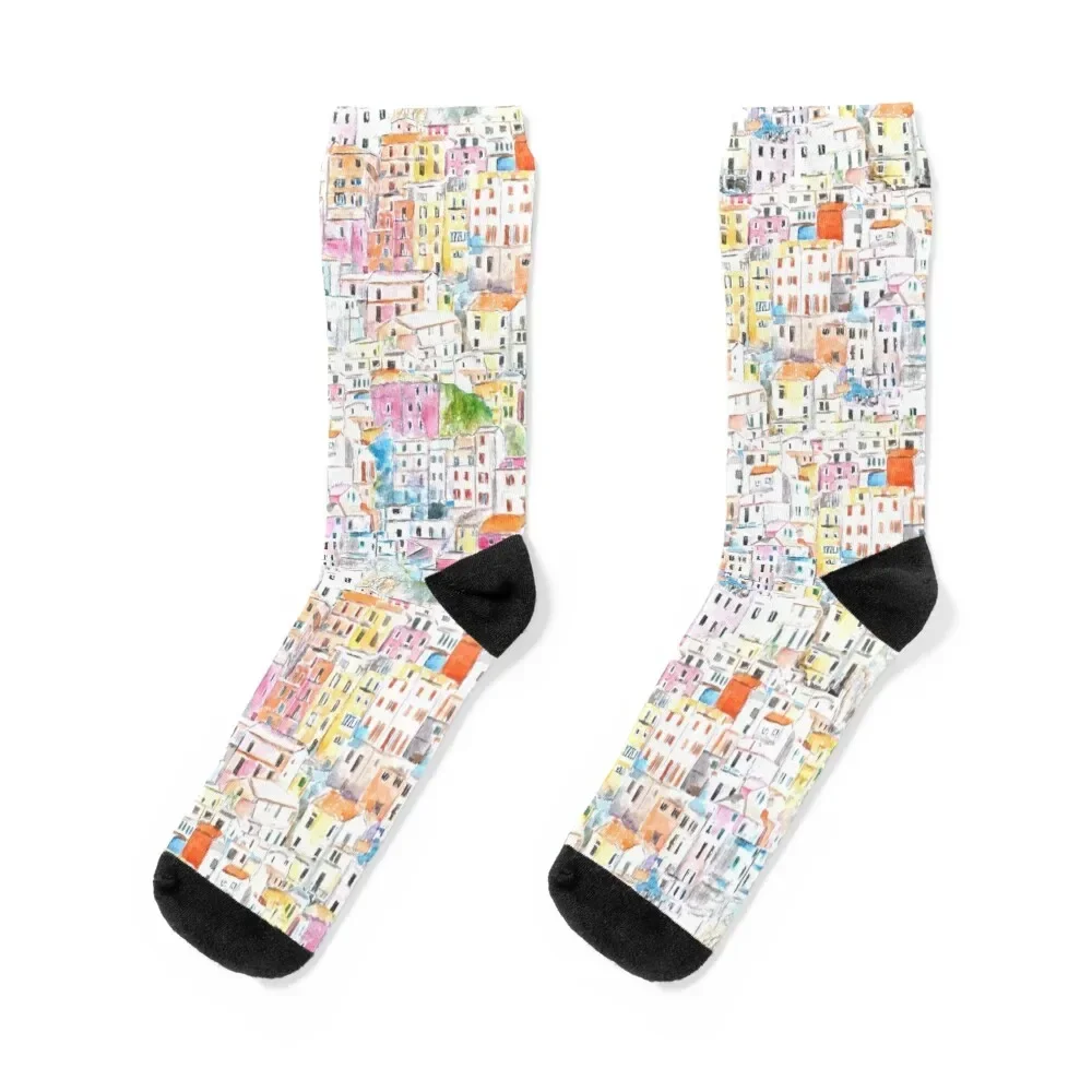 

Italy Cinque Terre pattern watercolor painting Socks Sports golf football luxe Men Socks Luxury Brand Women's
