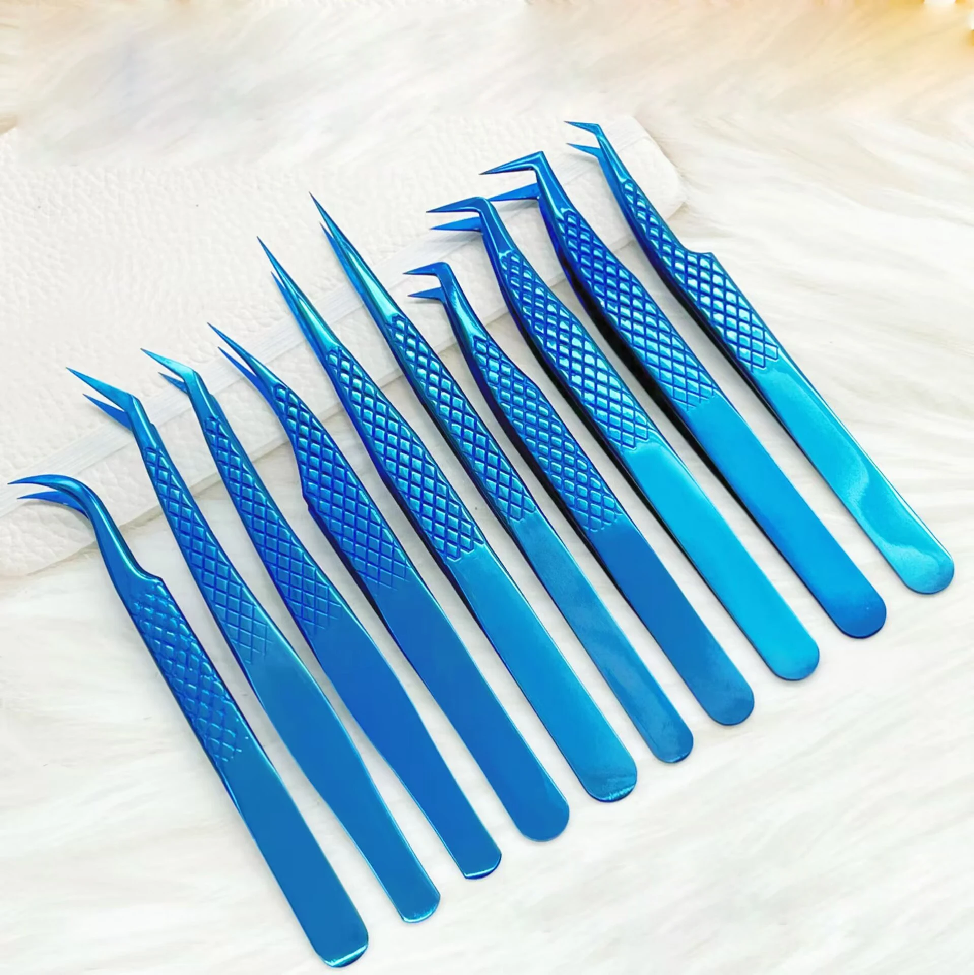 Pinzas de extensión de pestañas con puntas de fibra, pinzas de alta precisión de acero inoxidable azul espejo para ventiladores de volumen, herramientas de maquillaje, 1 ud.