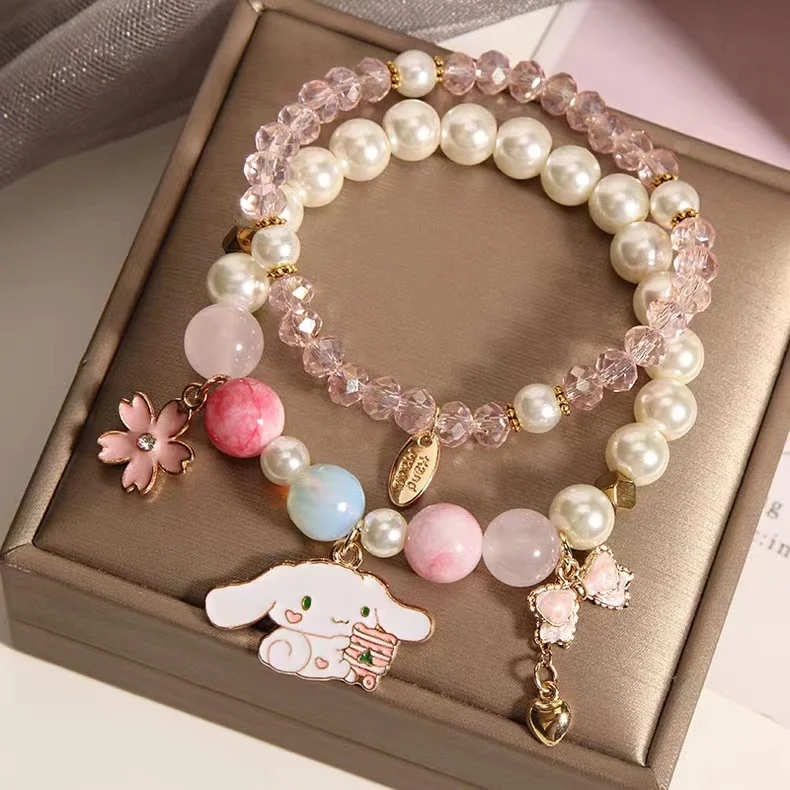 Sanrio Cristal Bead String, Desenhos animados Cinnamoroll, Pulseira De Pérola De Cristal, Kawaii Estudante Melhor Amigo