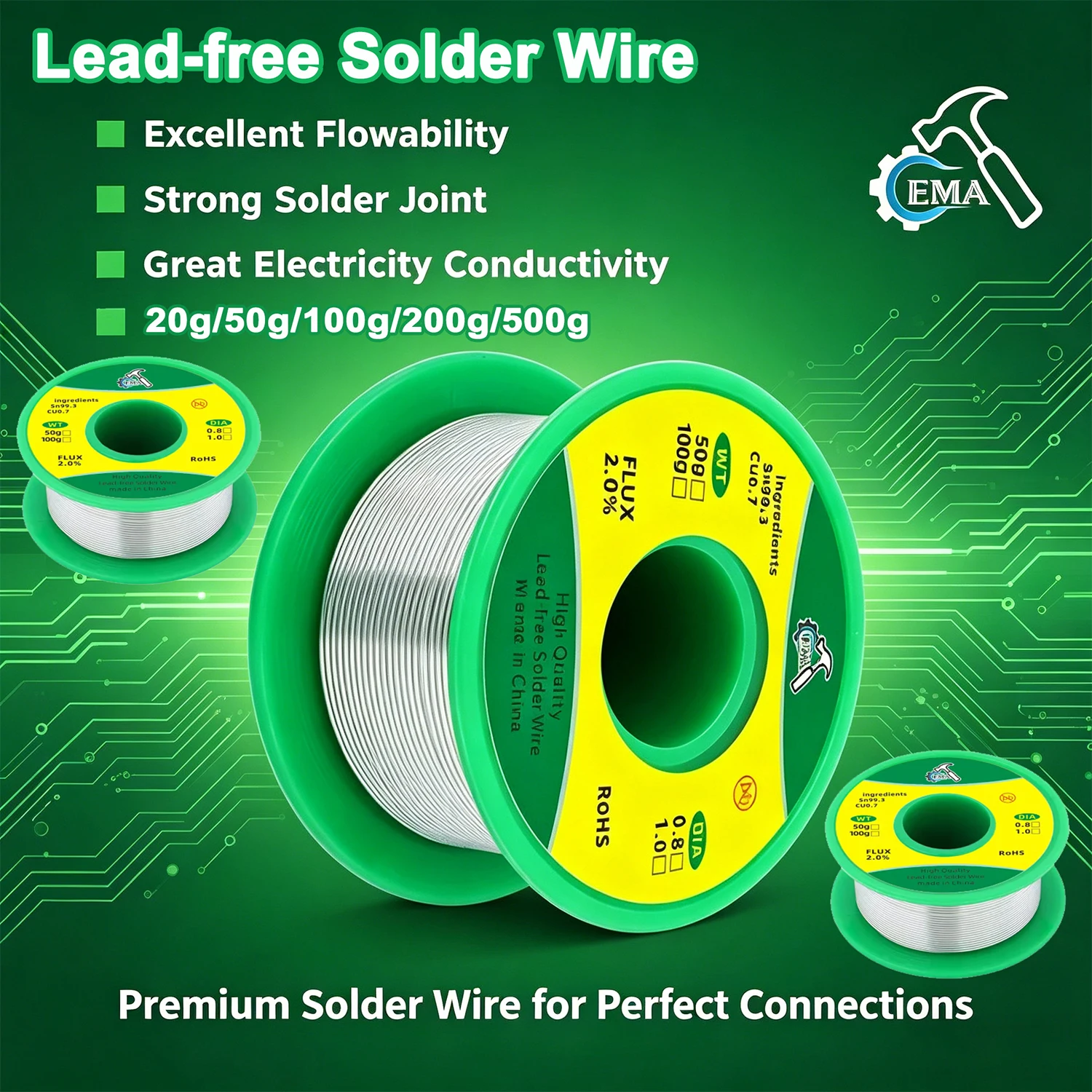 0.8mm 1mm Lead-Free Solder Wire, High Purity Tin W/ Flux, Eco-Friendly for Electronics Soldering, 20g/50g/100g