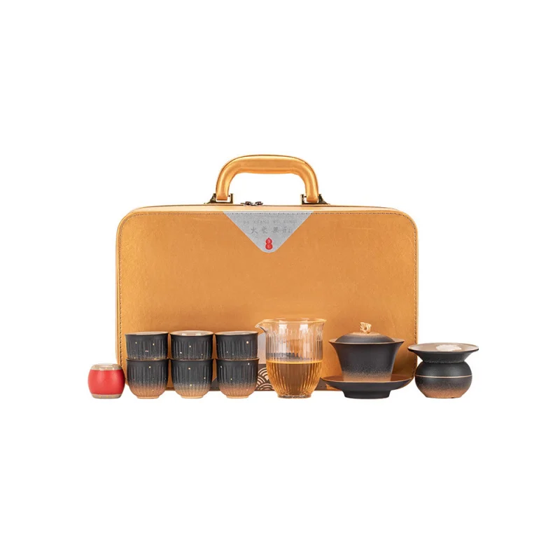 Golden Years Ceramic Travel Tea Set Complete Set with Gaiwan and Teacups Portable Outdoor Home Business Gift