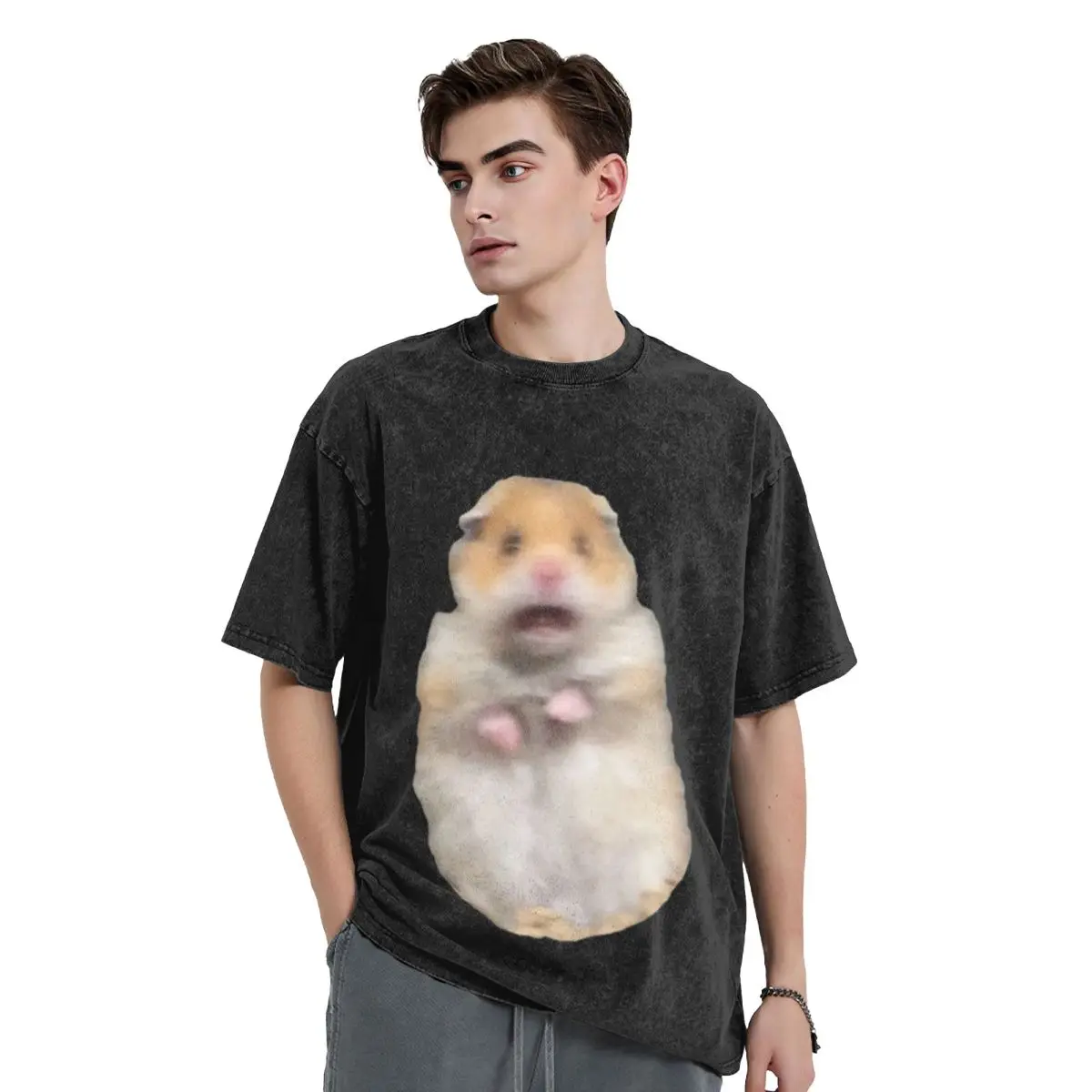 Scared Hamster Meme Washed T Shirts Cotton Short Sleeve Hip Hop T-Shirt Streetwear Tops Tees for Men Women