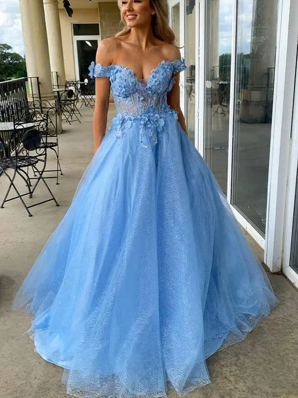 Gaun Prom biru gaun pesta malam Formal panjang lantai ilusi kain Tule berpayet motif bunga A Line Sweetheart bahu terbuka