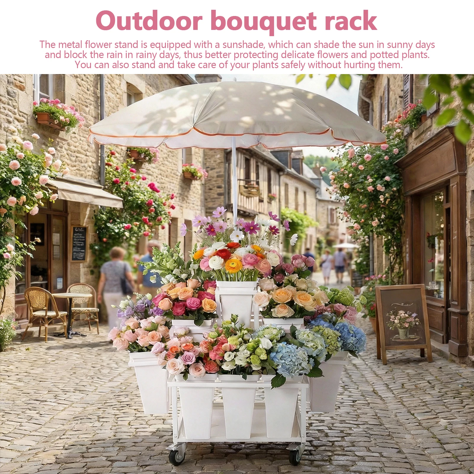 

Металлическая уличная подставка для цветов с 18 кашпо, держателем для растений, колесами и зонтом для свадеб, вечеринок и домашнего декора