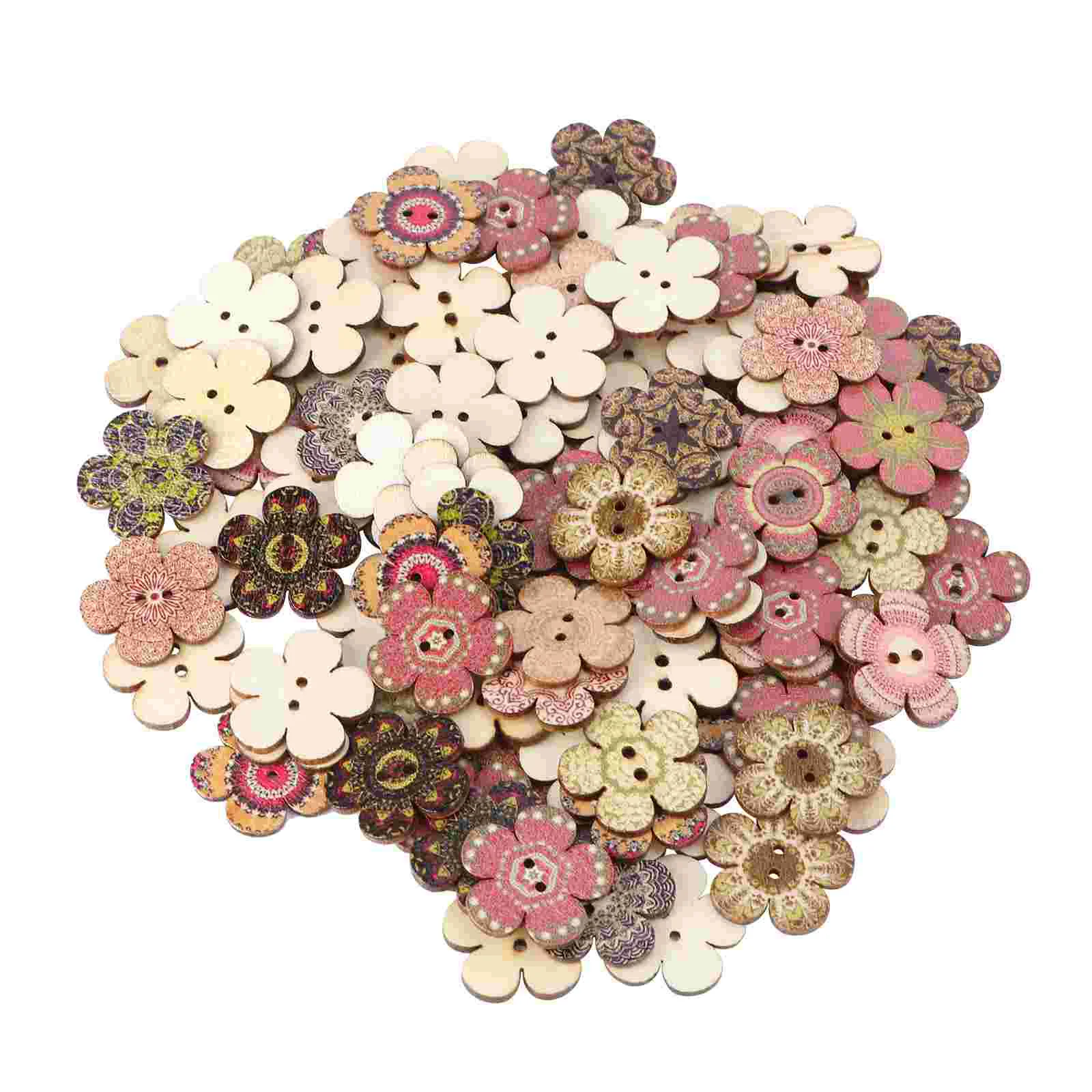 Wooden Flower Shaped Buttons Wooden Cartoon Buttons 2 Holes Clothes Sewing Buttons for Sewing Diy Craft, 100pcs