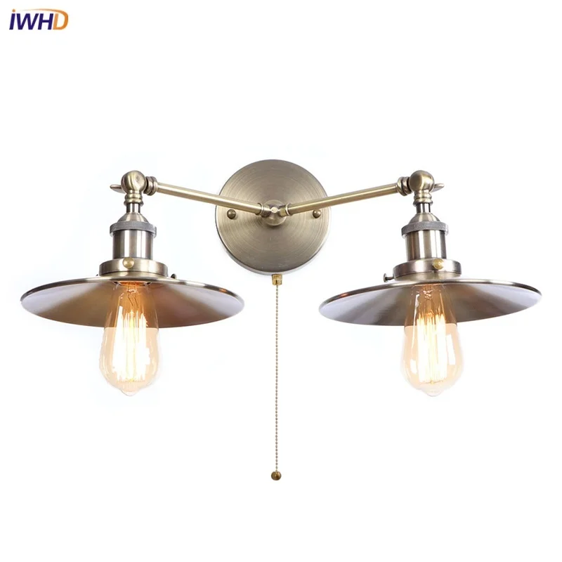 

IWHD LED Wall Lamp Pull Chain Switch Restaurant Bar Aisle Bathroom Mirror Stair Light Vintage 2 Heads Induatrial Applique Murale