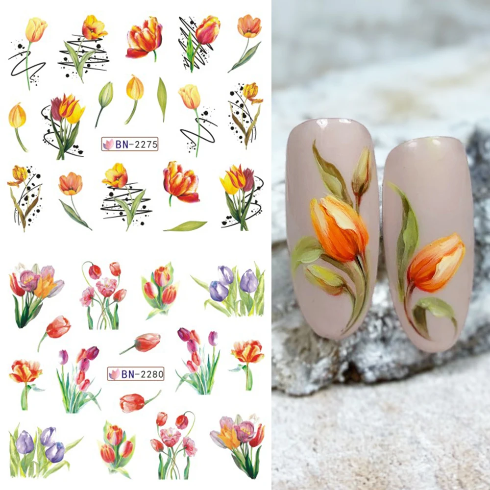 Tulipas flores água decalques de unhas folha transferência adesivos de unhas primavera verão decoração snowdrops marcas d'água slider LEBBN2269-2280