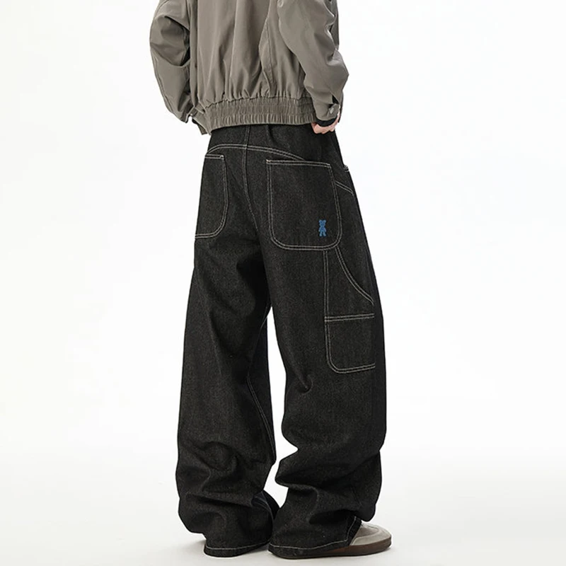 Celana Jeans Pria LUZHEN Model Lurus Longgar Warna Solid dengan Kantong Pinggir Bergaris, Desain Terbaru 2025, Original, Kaki Lebar JY4460