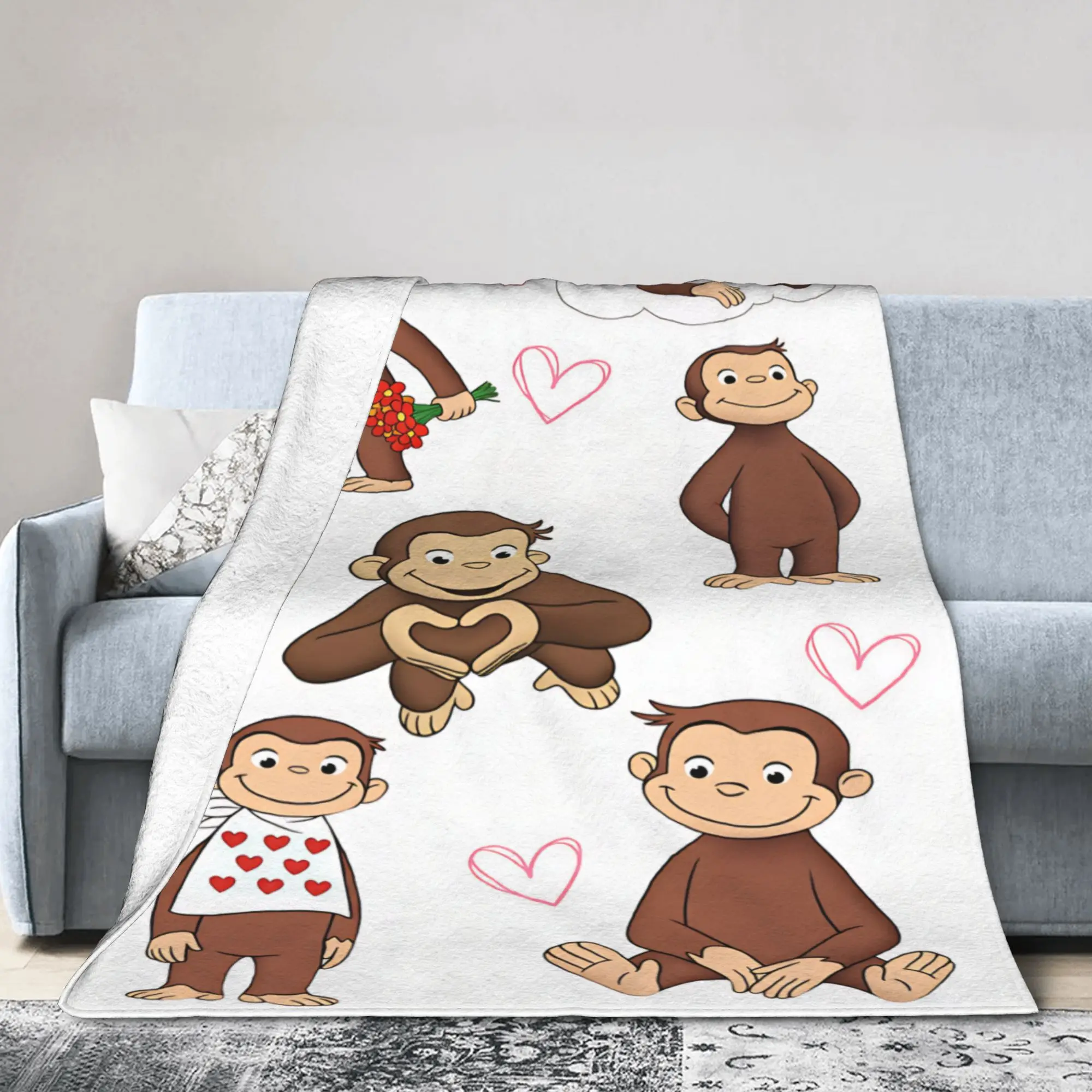 Cozy Throw Blanket Travel Office Curious George Love Heart Flower Cloud Blankets Flannel Bedspread For Outdoor Sofa Bed Cover