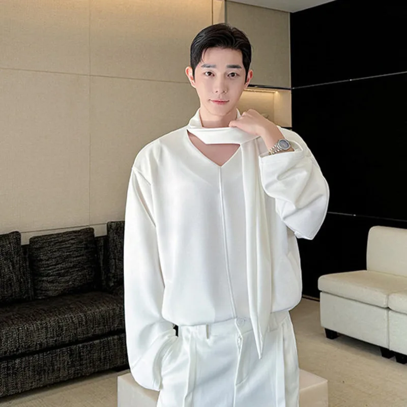 WVGA Spring Autumn New Men Tide High Street V-Neck Trendy Long Sleeved Sweatshirt Loose Design Niche Chic Casual Tops Ins W23903