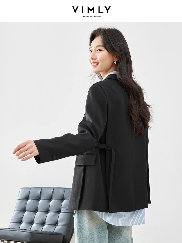 Vimly Black Blazer for Office Ladies Notched Single Button Women's Jacket 2024 Spring Straight Casual Long Sleeve Coat M5050