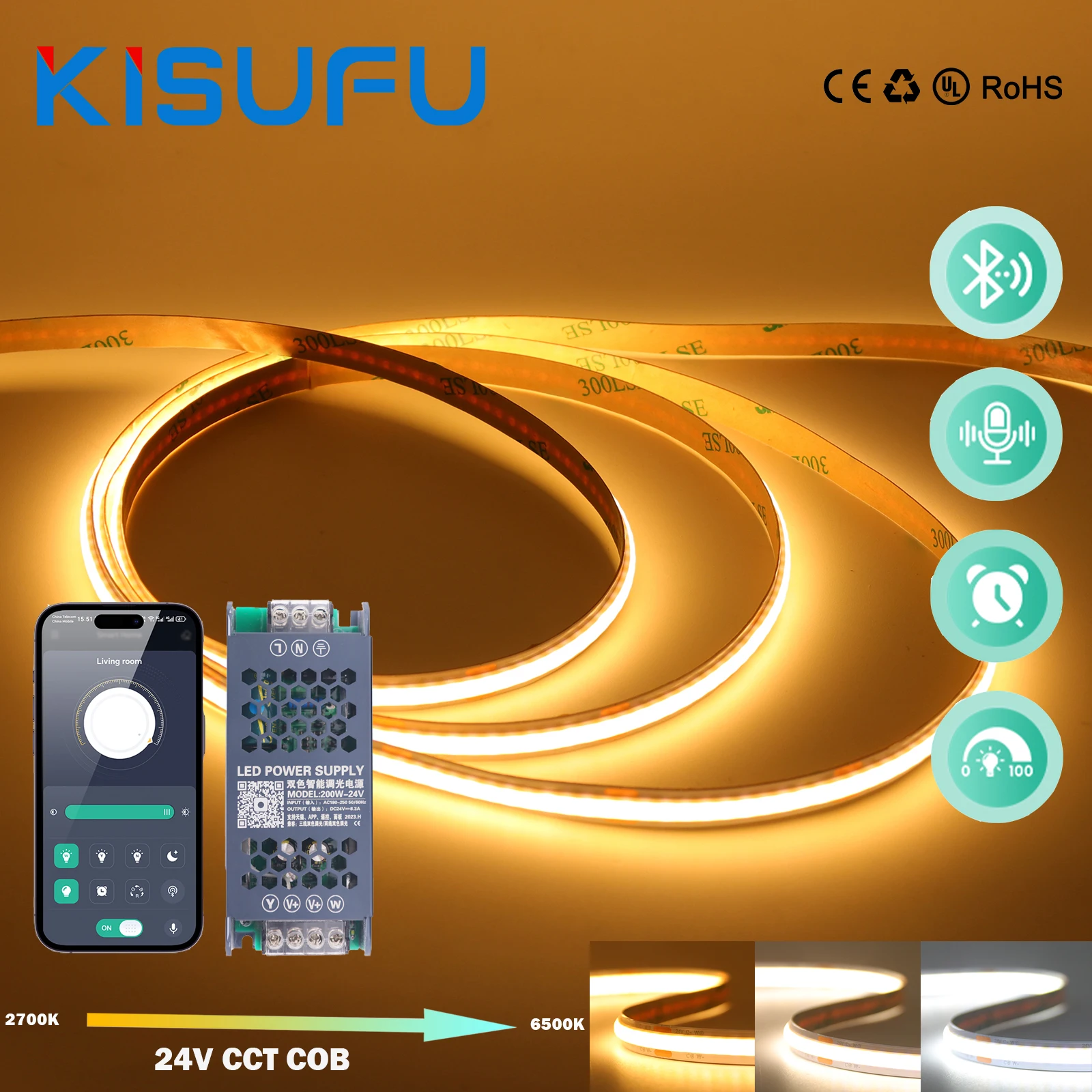 

Светодиодная лента 3IN1 CCT COB с регулируемой яркостью и двухцветным интеллектуальным источником питания 24 В, 576 светодиодов/м, гибкая клейкая лента высокой плотности, 1–10 м