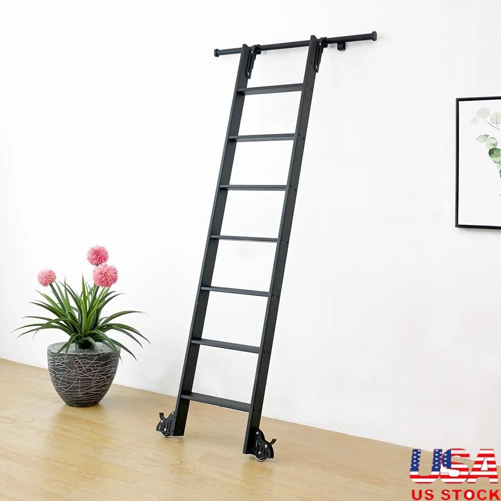 

3.3FT Hook On Library Ladder Track Kit with 87 Inch Metal Ladder Adjustable Support Rolling Hardware 7 Steps Easy Install
