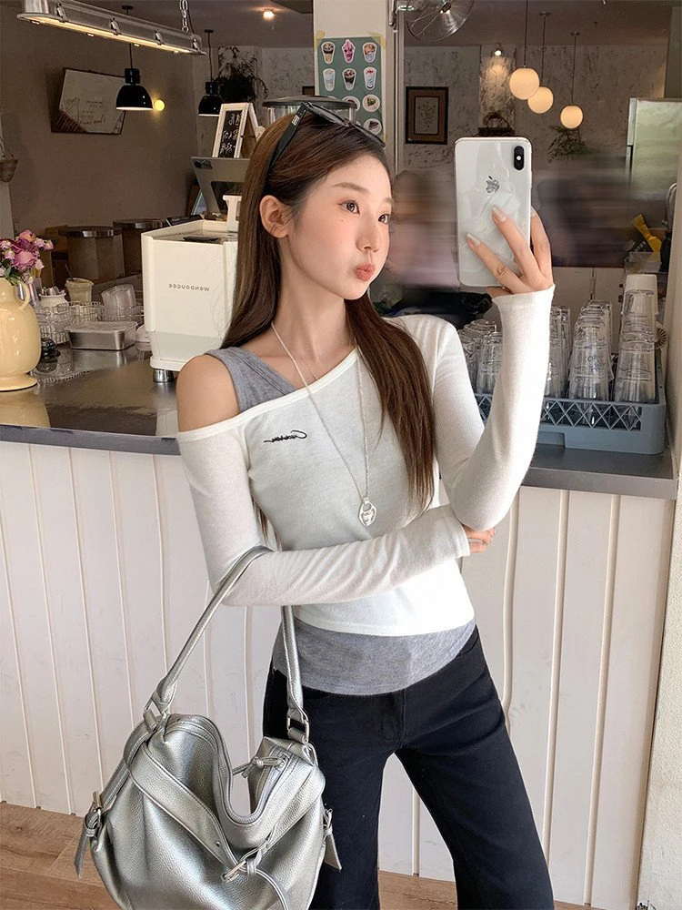 한국 스타일 자수 니트 탑 어깨 노출 롱 슬리브 여성 베이스 레이어 티셔츠 겨울 출퇴근용 부드럽고 편안한 핏