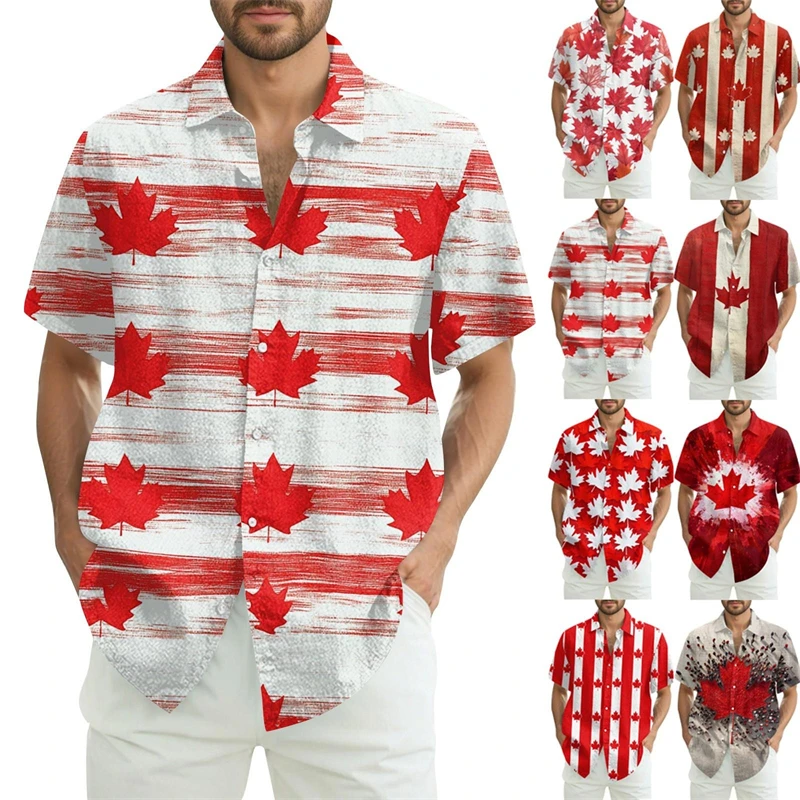 

Canadian Symbol Shirt Red Maple Leaf Retro Print Oversized Hawaiian Shirts Summer Outdoor Casual Simple Men Striped Shirts Top
