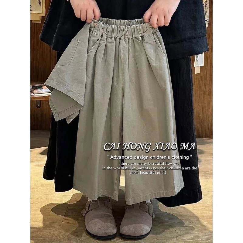 Girls Wide-Leg Pants Spring Summer 2026 New Apron Straight Pants Children Loose Casual Trousers Unique Kids Clothes 2-8 Years