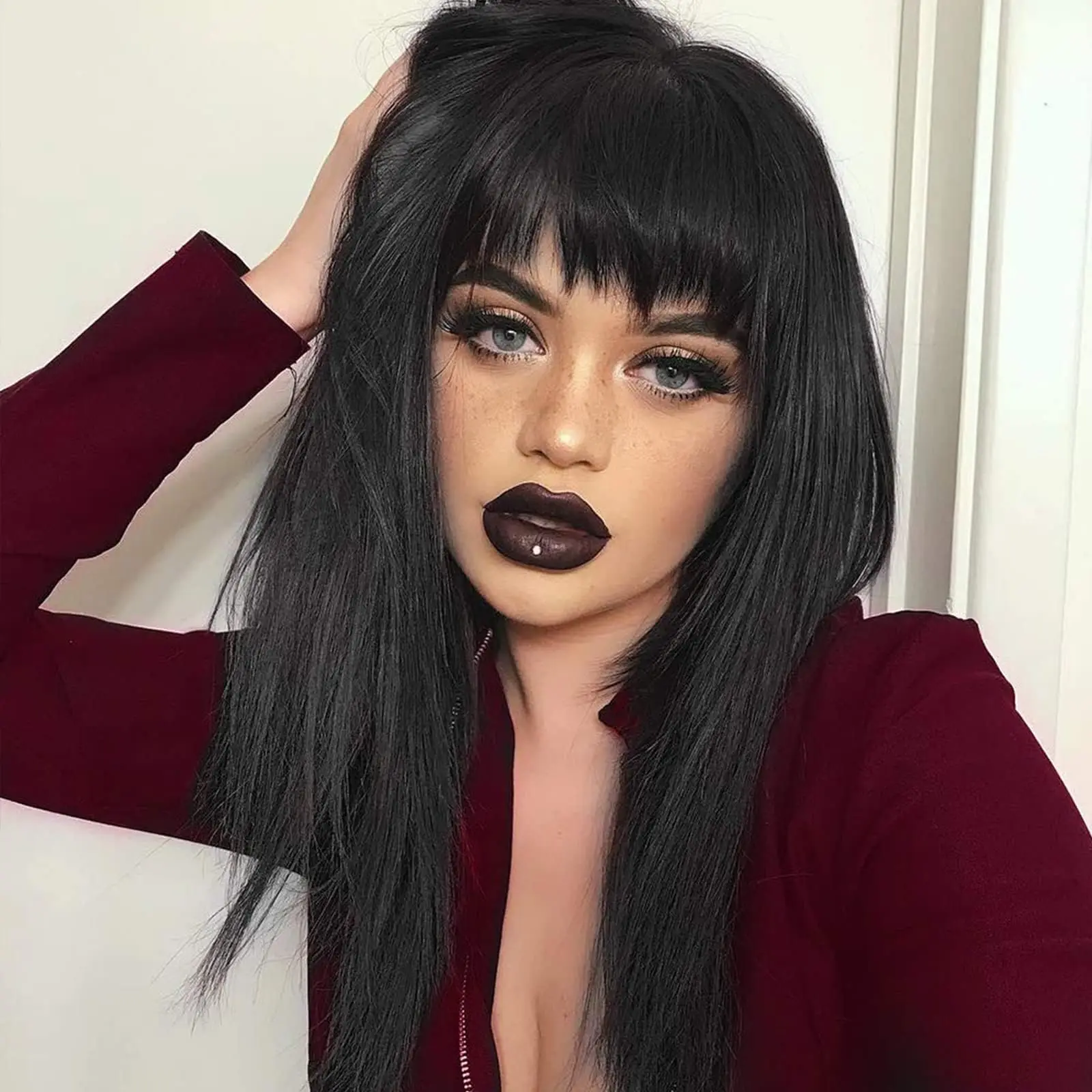 Black synthetic wig long straight hair Halloween cosplay wig role-playing daily party wig high-temperature hairnet