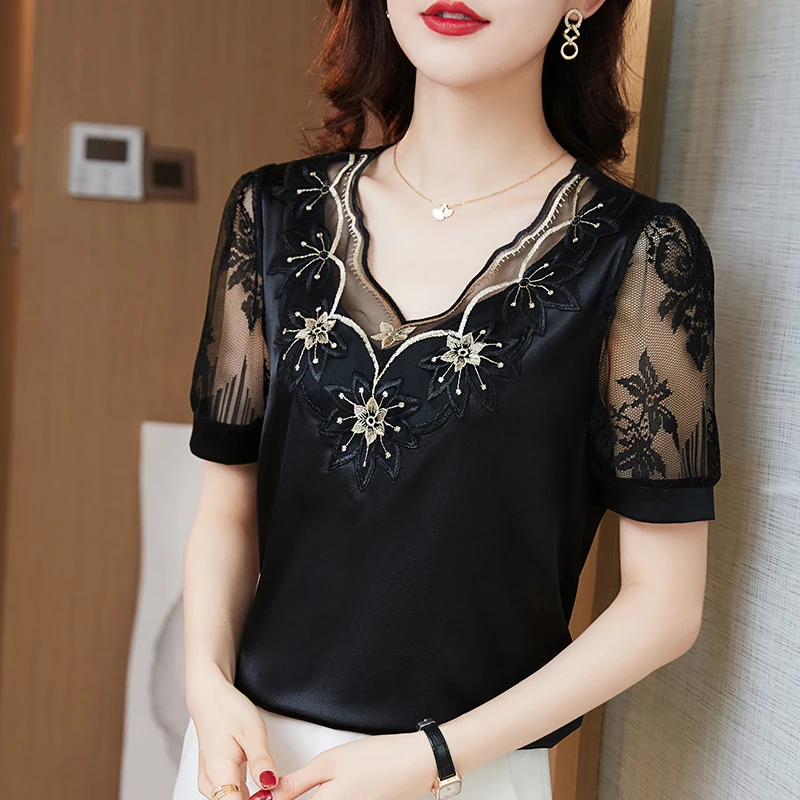 SUSOLA Lace Flower Embroidery Elegant Woman Satin Blouses Lady Trend Short Sleeve Shirts Youth Top Summer V Neck Silk Blusas