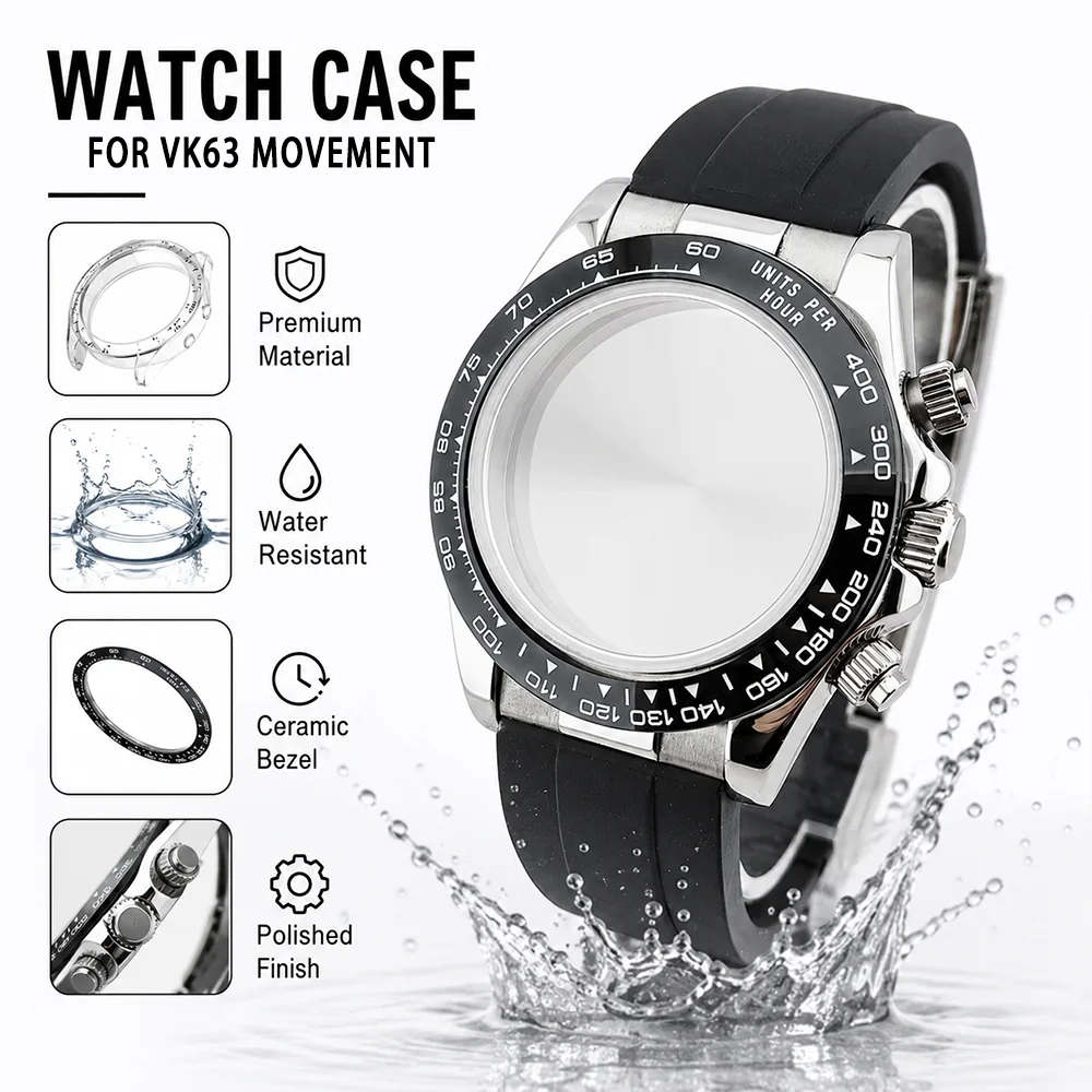 

VK63 Case 39mm VK63 Movement Case VK63 Stainless Steel Cases Fit 29MM Dials VK63 Watch Accessories 20mm Rubber Strap Parts