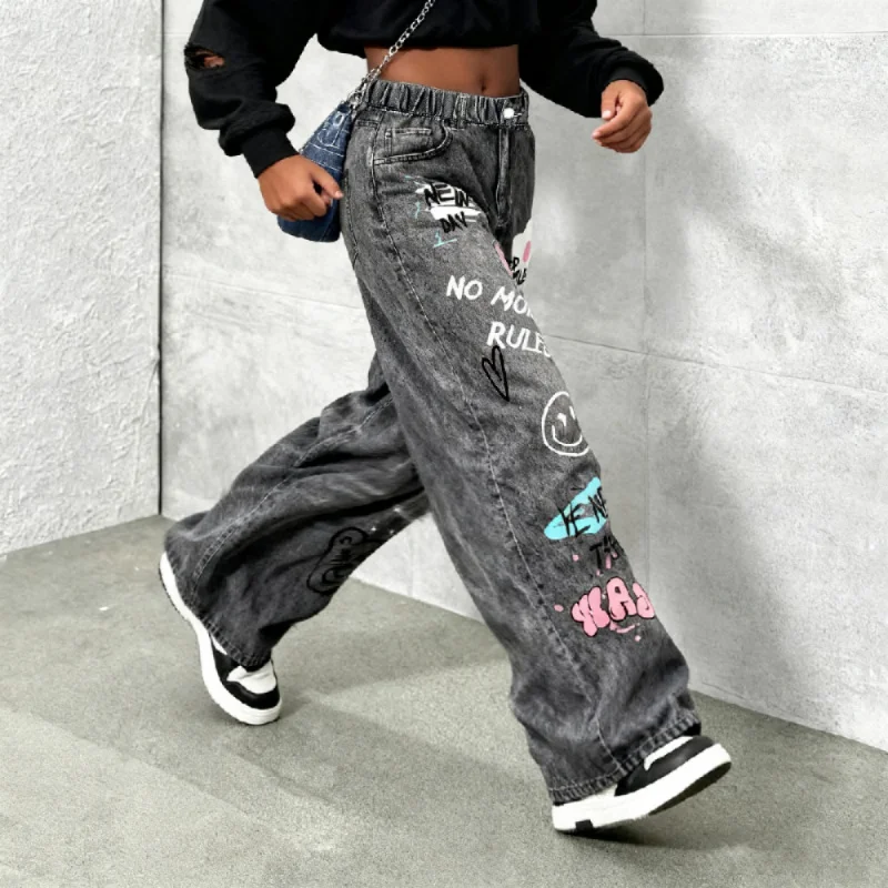 جينز صناعي واسع الساق مطبوع عليه رسوم كرتونية Y2K للفتيات - جينز صناعي فضفاض مناسب للمراهقين مع وجه مبتسم وفراشة ودب P #4