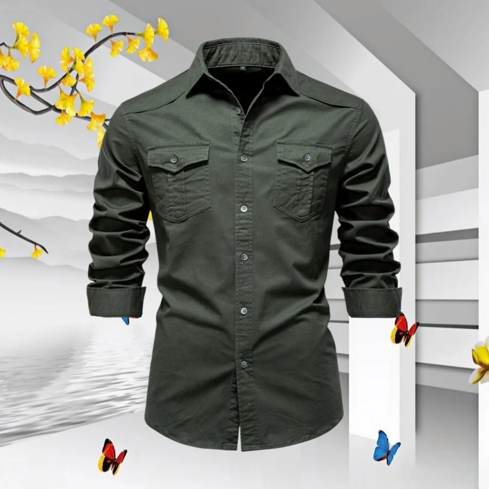 

Men's casual shirts for spring and autumn, featuring a collar pocket button design, suitable for shopping and business outings.