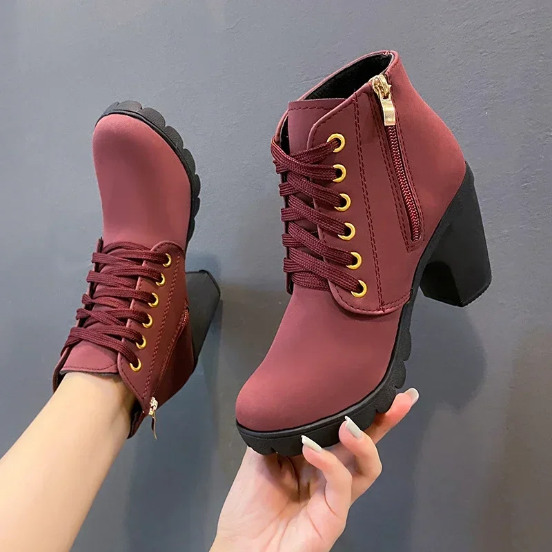 New Autumn Winter Women Pumps Boots High Quality Lace-up European Ladies Ankle Boots PU High Heels Boots Fast Delivery