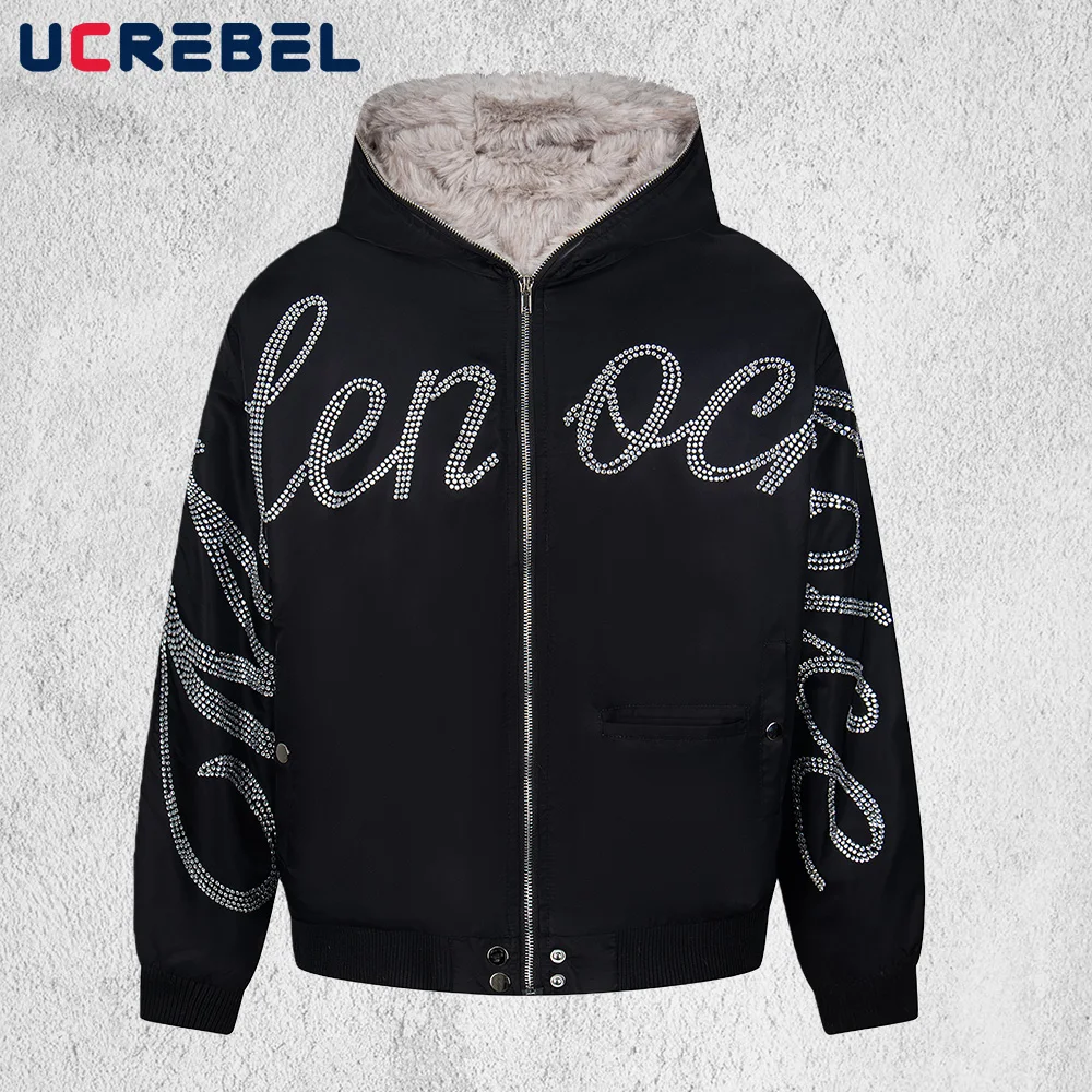 

Letter Rhinestone Padded Jacket Mens Winter Y2k Streetwear Hooded Long Sleeve Loose Thick Outerwear Man