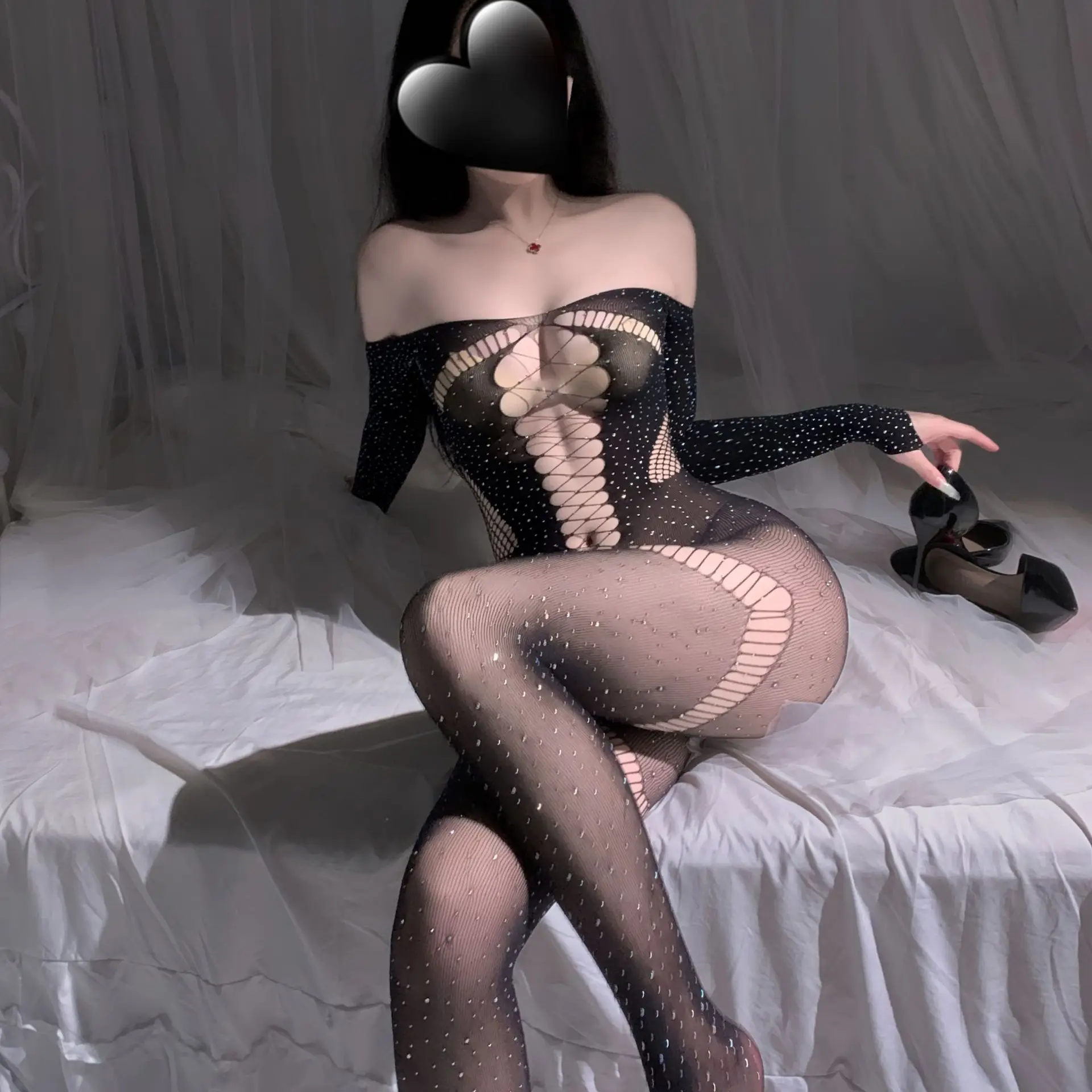 

369bibi Sexy Purple Sheer Lingerie Set - Open-Cup Bodystocking with Cut-Outs, Role-Play Seductive Uniform Lingeries Sexy Hot