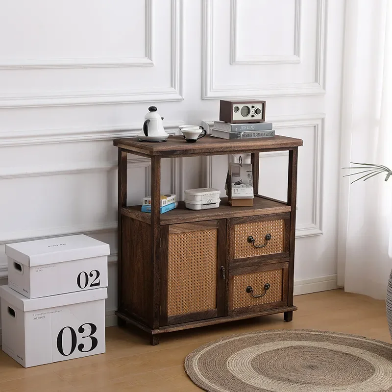 Custom New Chinese Style Solid Wood Side Cabinet with Rattan Bucket Design for Living Room Tea Table or Bedroom Storage