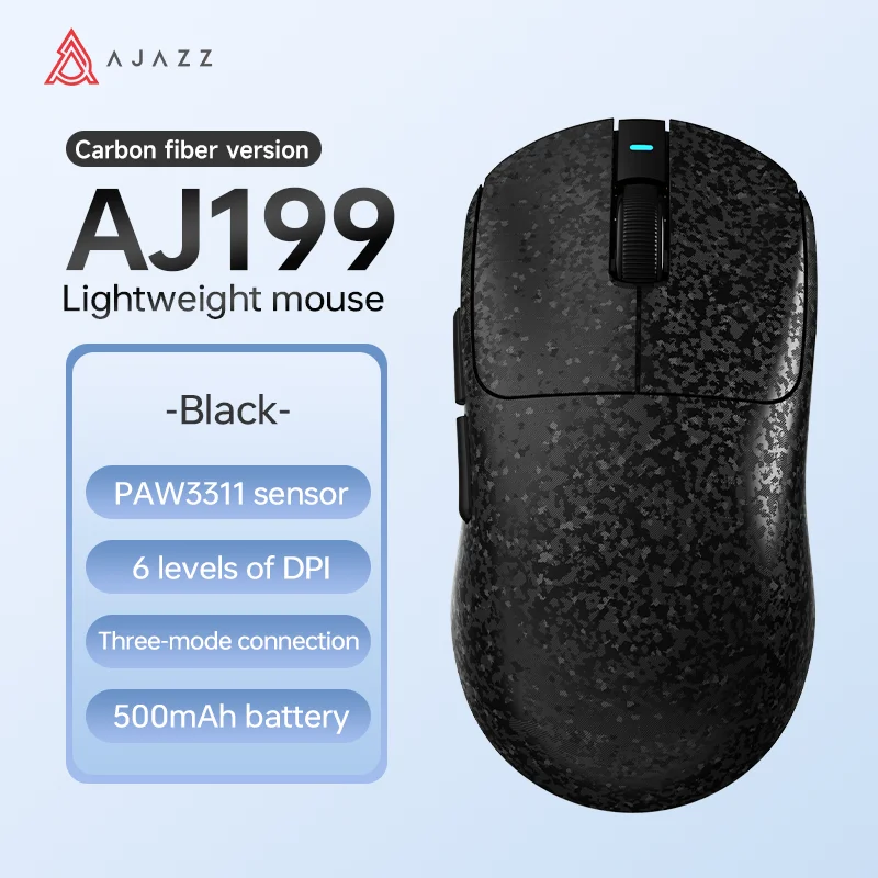 AJAZZ AJ199 Koolstofvezel Gaming Muis Bluetooth Draadloos 2.4G Bedrade Tri-mode Muis PAW3311 Sensor 500mAh Batterij.