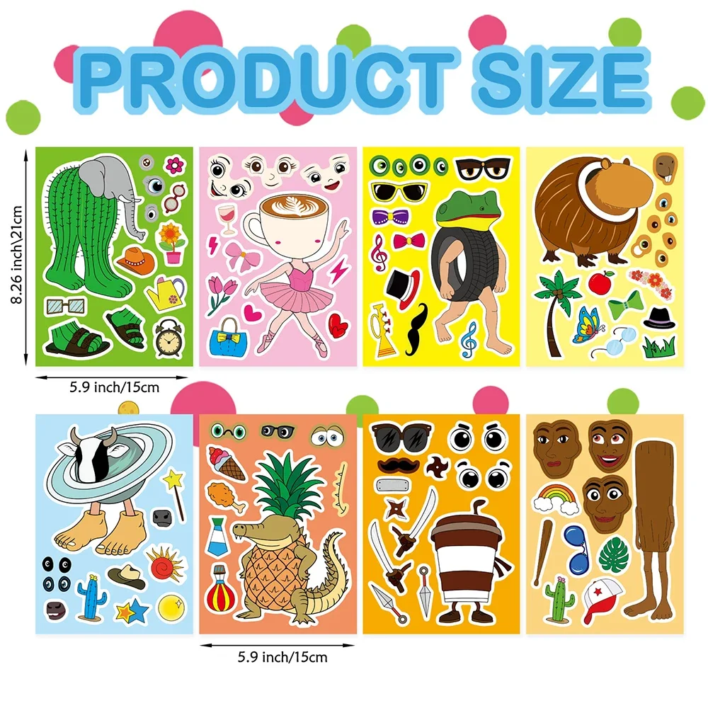 8/16Sheets Abstract Animal Make a Face Puzzle Stickers Tung Tung Sahur Italian Brainrot Animals Decal Assemble Jigsaw Kid Toys