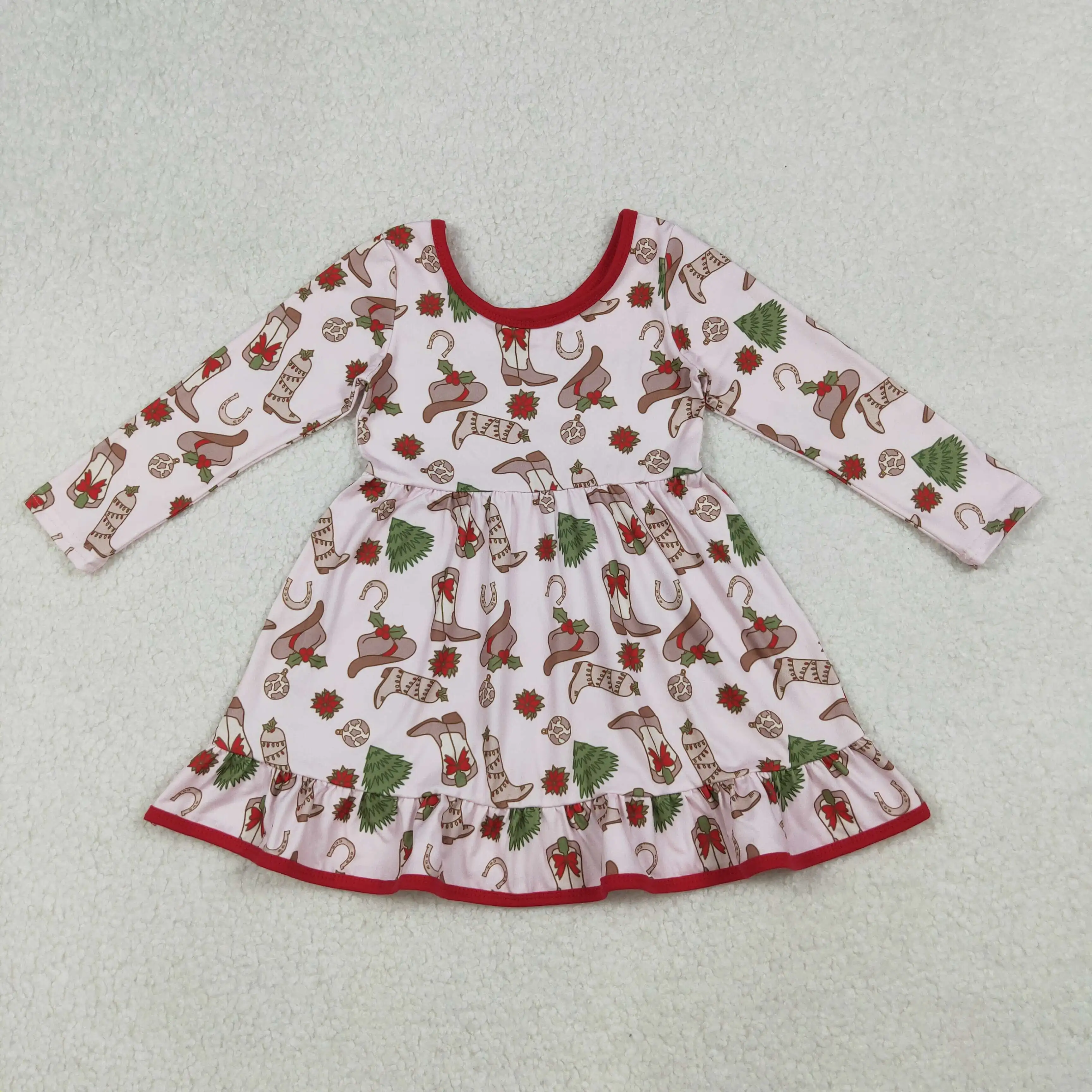 

X9.17 Wholesale winter girls dress with Christmas tree boots and hat pattern pink long sleeve dress