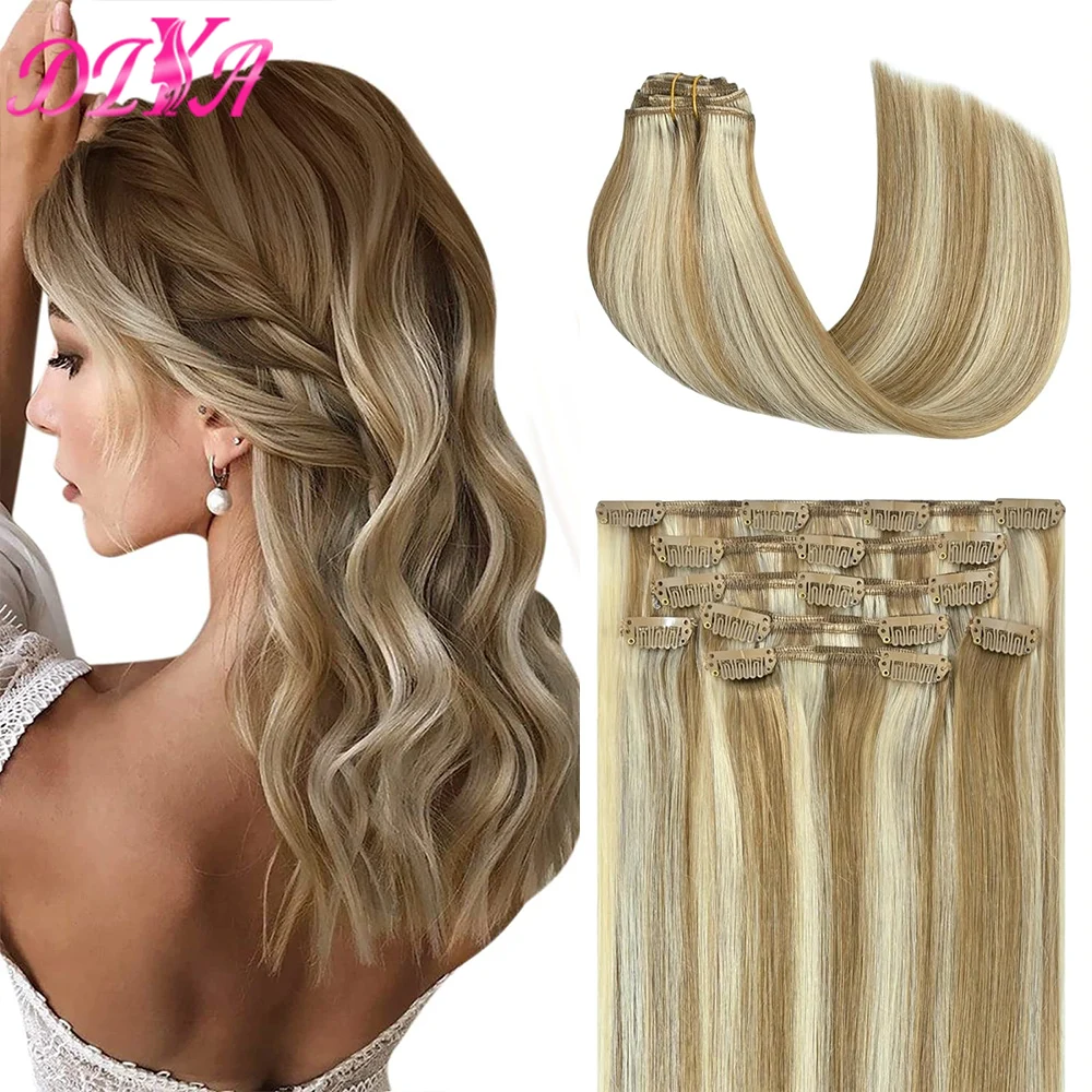 Clip In Hair Extensions 100% Human Hair Extensions Staight Blonde En Bruine Mix Hair Extensions Voor Vrouwen Dik Zacht Haar