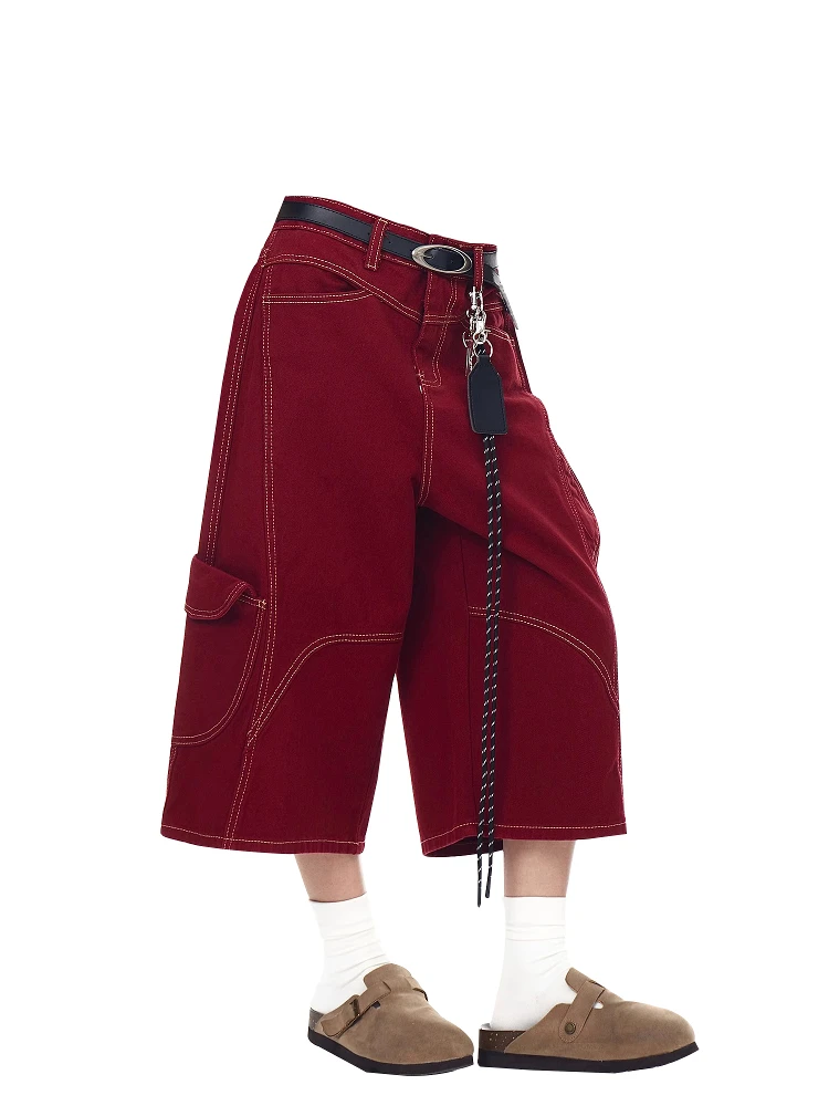 Czerwone jeansowe spodnie o długości siedmiu stóp, damskie, letnie, nowy design, dekonstruowane, monolinowe, wielofunkcyjne spodnie robocze, spodnie o długości ośmiu części.