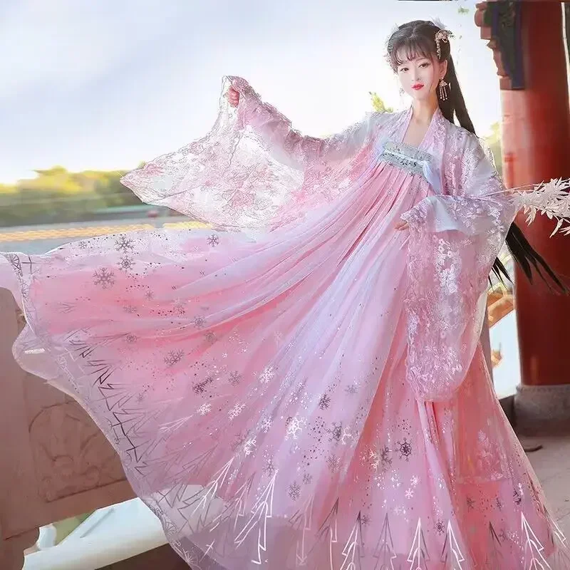 Gaun Hanfu ukuran besar 4XL wanita, kostum Cosplay peri tradisional Tiongkok, gaun dansa gradien merah muda & biru bintang, Hanfu kuno